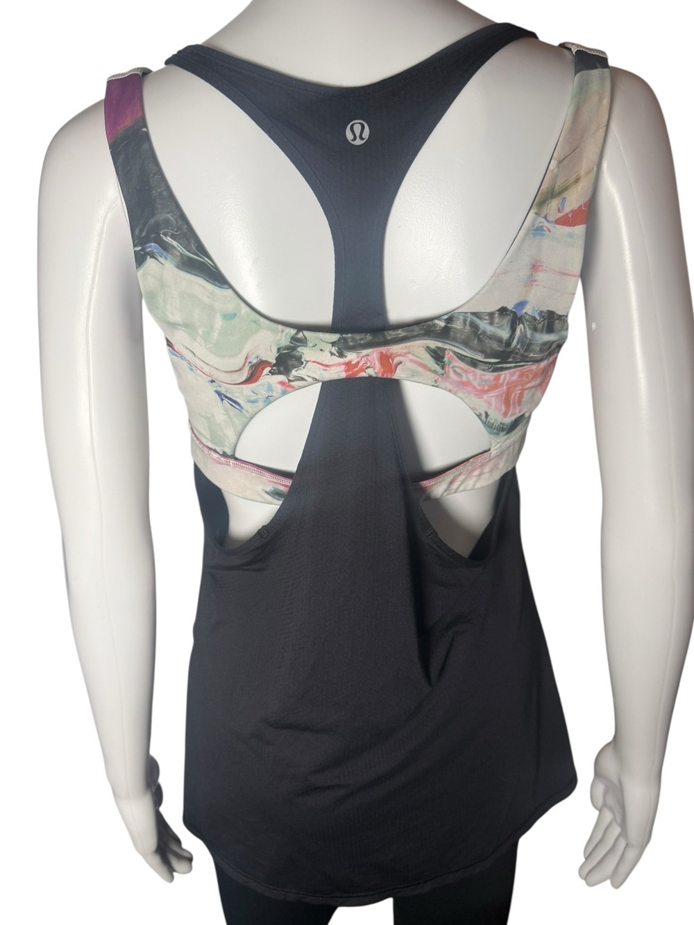 Lululemon Womens Size 12 Black Tank Top with Abstract Printed Bra Detail